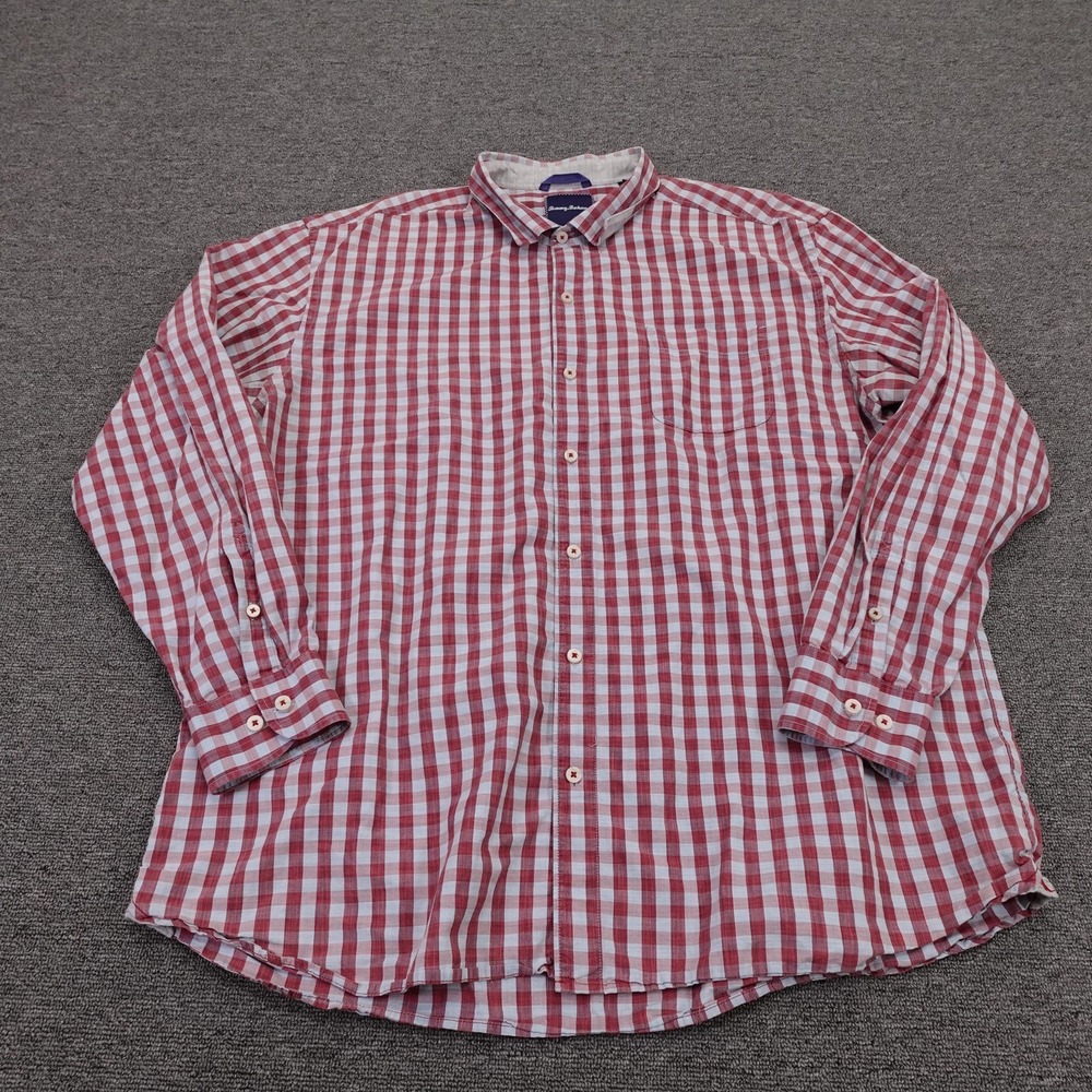 Tommy Bahama Shirt Mens 2XL Red Check Long Sleeve Button Up Casual Cotton Silk